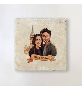 Sevgiliye Hediye Kişiye Özel Galata Kulesi ve Aşkımız Karikatürlü Taş Bardak Altlığı