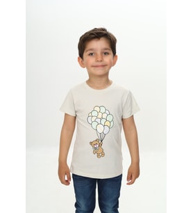 Toontoy Erkek Çocuk Balonlu Ayı Baskılı Tişört (Ekru)