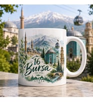 Bursa Temalı Hediyelik Kupa Bardak - 16 Plaka Yeşil Şehir Suluboya İllüstrasyon Baskılı Özel Tasarım Kupa