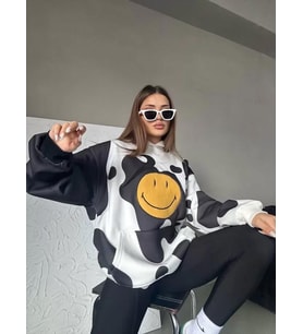 Smiley Face Kapüşonlu Sweatshirt - Siyah