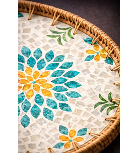 2'Lİ RATTAN SEDEFLİ TEPSİ-ÖZEL GÜN,SUNUM,HEDİYE,ÇEYİZ,EV,OFİS,ŞIK,MODERN-KÜÇÜK 29 CM BÜYÜK 35 CM ÇAP- (Çiçek Turuncu)