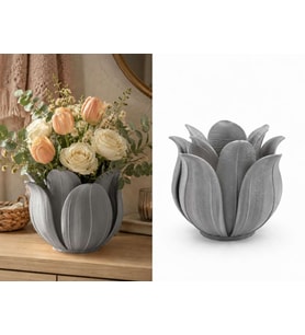 3D Baskı Lotus Yapraklı Vazo - Dekoratif Çiçeklik-Gri