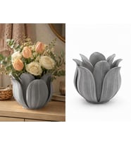 3D Baskı Lotus Yapraklı Vazo - Dekoratif Çiçeklik-Gri