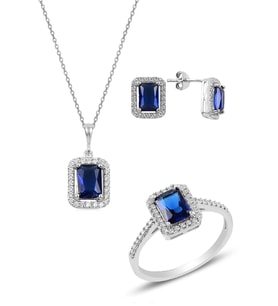 Söğütlü Silver Gümüş rodyumlu safir  baget taşlı üçlü set