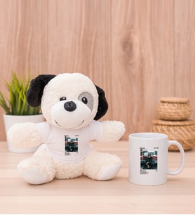 Kişiye Özel İnstagram Tasarım Fotoğraflı Peluş Köpek ve Beyaz Kupa