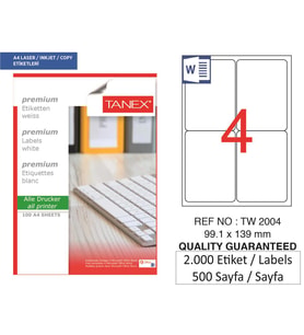Tanex Lazer Etiket tw-2004 500 A4 Sayfa Laser Etiket 99,1x139 mm Boyutunda 1 A4 Sayfada 4 Etiket