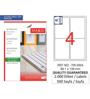 Tanex Lazer Etiket tw-2004 500 A4 Sayfa Laser Etiket 99,1x139 mm Boyutunda 1 A4 Sayfada 4 Etiket