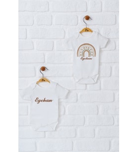 Pia Baby Premium %100 Pamuk İsme Özel Organik Baskılı İkili Set Çıtçıtlı Bebek Body Zıbın Modelleri 5043-17 (Ekru)