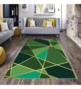 Yeşil Geometrik Desen Gold Çizgi Yıkanabilir Kaymaz Taban Leke Tutmaz Modern Salon Halısı ve Yolluk
