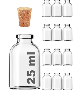 Afracam Şeffaf 25 ml / 25 cc Mantar Tıpalı Boş Cam Şişe 12 Adet