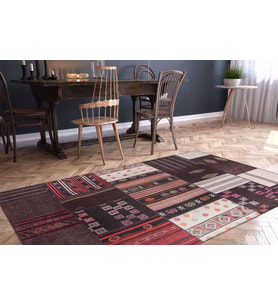 Bespoky Oval Toulon Kahverengi Patchwork Pamuk Dijital Baskı Dekoratif Alan Halısı