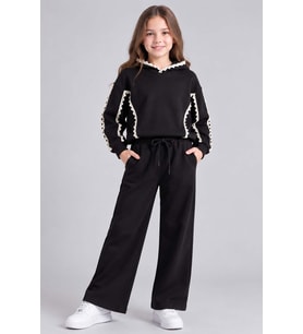 Kız Çocuk Kapüşonlu ve Kenarları Dantel İşlemeli Bol Kesim Çift Cepli Siyah Eşof