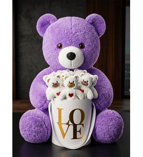 Sevgiliye Hediye 55 cm Mor Peluş Ayı ve Beyaz Love Kutulu 15'li Mini Ayıcık Seti