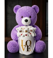 Sevgiliye Hediye 55 cm Mor Peluş Ayı ve Beyaz Love Kutulu 15'li Mini Ayıcık Seti