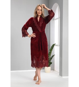 Nuşa dantelli Bambo Cotton Bayan Sabahlık Bornoz (Bordo)