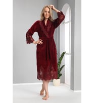 Nuşa dantelli Bambo Cotton Bayan Sabahlık Bornoz (Bordo)