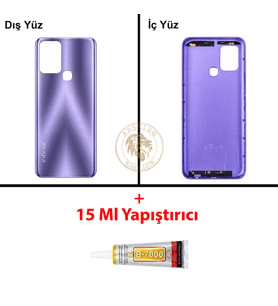 Infinix Hot 10T Mor Uyumlu Arka Kapak + B7000 Yapıştırıcı Arka Cam Batarya Pil Kapağı Lazer Kesim