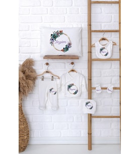 Pia Baby Premium %100 Pamuk İsme Özel Kız Bebek Hediye Seti Zıbın Yastık Kılıfı 5012-06 (Ekru)