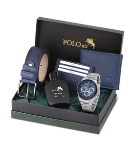 Polo Air Erkek Kol Saati Cüzdan Kemer Kartlık Parfüm Kombin Set Gümüş Lacivert Renk PL-0990E2 (Lacivert-Gumus)