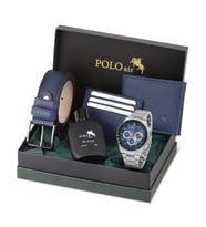 Polo Air Erkek Kol Saati Cüzdan Kemer Kartlık Parfüm Kombin Set Gümüş Lacivert Renk PL-0990E2 (Lacivert-Gumus)