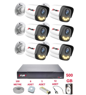 FURY 6 Kameralı 4 Warm Led Gece Renkli Görüş-Cepten İzle-Su Geçirmez Güvenlik Kamerası Seti 500GB