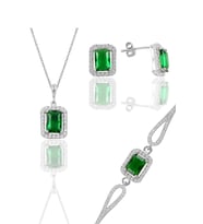 Gümüş rodyumlu kök zümrüt taşlı baget kesim üçlü set SGTL11598YESIL