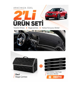 NİSSAN JUKE (2020-2023) Uyumlu Torpido Örtüsü + Deri Bagaj Çantası + Sticker Seti - Siyah Gri