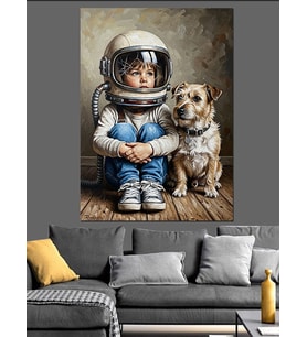 Astronot Çocuk Ve Köpek Dostu Dekoratif Kanvas - Mdf Ahşap Tablo
