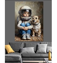 Astronot Çocuk Ve Köpek Dostu Dekoratif Kanvas - Mdf Ahşap Tablo
