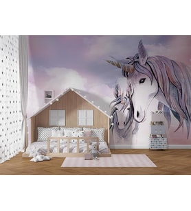 Pembe Bulutlar Üzerinde Unicorn Çocuk Odası Duvar Kağıdı
