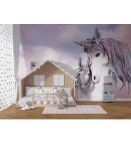 Pembe Bulutlar Üzerinde Unicorn Çocuk Odası Duvar Kağıdı