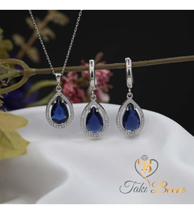Gözyaşı Damlası Safir Takı Seti, Lacivert Damla Küpe ve Kolye, Kadınlar İçin Harika Hediye