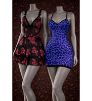 Mor Leopar Desenli V Yaka Mini Gecelik & Siyah Transparan Gül Baskılı Babydoll Set (Karışık)