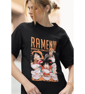 Anime Naruto Luffy Goku Ramen Tişört (Siyah)