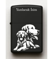 Golden Köpek Desenli Kişiye Özel İsimli Siyah Benzinli Metal Çakmak