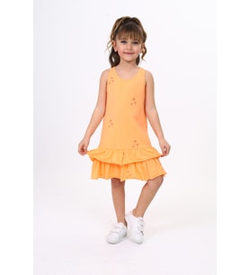 Toontoy Kız Çocuk Fırfırlı Palmiye Ağacı Baskılı Elbise (Oranj)