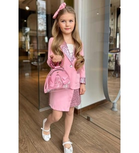 Kız Çocuk Bilekleri ve Yakası Pulpayet Detay Blazer Ceket Asimetrik Kesim Pullu  (Pudra)