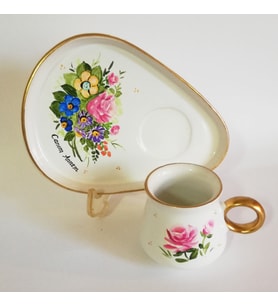 Çiçekler İçinde Desenli ,Damla Sunum Tabaklı , İsme Özel,El Boyama,Türk Kahvesi Fincanı