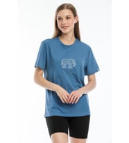 Argentum Look - Kadın Mavi Fil Nakışlı %100 Pamuk Oversize T-Shirt