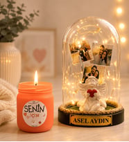 Kişiye Özel Yazılı 3 Fotoğraflı LED Işıklı Fanus (beyaz melekli) ve Cam Kokulu Mum Hediye Seti