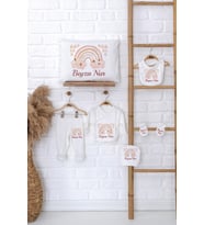 Pia Baby Premium %100 Pamuk İsme Özel Erkek Bebek Hediye Seti Zıbın Yastık Kılıfı 5021-06 (Ekru)