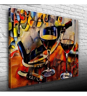 Şarap Şişesi ve Kadehler Kanvas Tablo 50 x 70