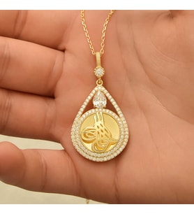 Gümüş Gold Kaplama Damla Tuğralı Kadın Kolye