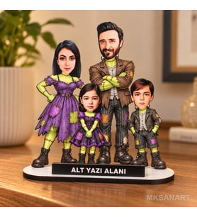 4 Kişilik Cadılar Bayramı Karikatür MDF Karikatürlü Kişiye Özel Karikatürlü 18 cm MDF Masaüstü Biblo - Aile Hediyesi Anne Baba ve Aileye Hediye