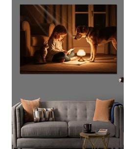 Kitap Okuyan Küçük Kız Ve Köpeği Dekoratif Kanvas - Mdf Ahşap Tablo