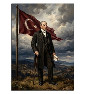 Türk Bayraklı Atatürk Bozkırda Duruş Dekoratif Kanvas - Mdf Ahşap Tablo