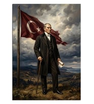 Türk Bayraklı Atatürk Bozkırda Duruş Dekoratif Kanvas - Mdf Ahşap Tablo