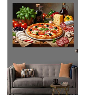 Taze Malzemeli Lezzetli İtalyan Pizzası Dekoratif Kanvas - Mdf Ahşap Tablo