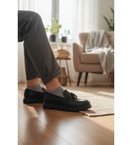 Enoch Hakiki Deri Siyah Püsküllü Casual Loafer (Esnek ve Kalın Tabanlı)