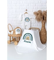 Pia Baby Premium  %100 Pamuk İsme Özel Erkek Bebek Hastane Çıkışı Tulumlu Bebek Hediye Seti 5092-05 (Ekru)